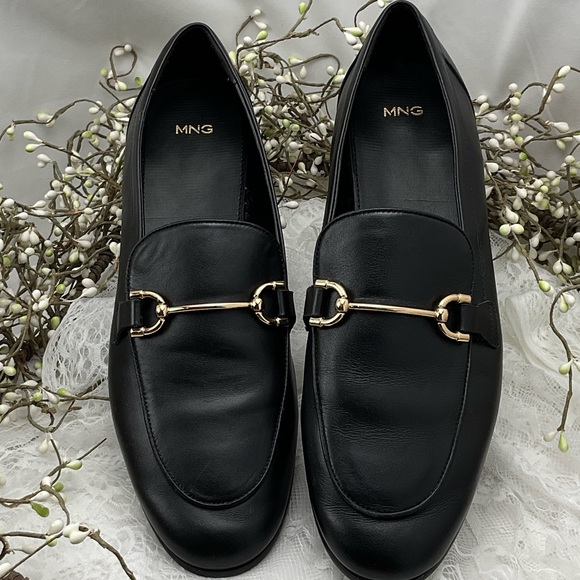 Mango Shoes - Mango Women’s Elegant Black Loafers with Gold Hardware Sz10  #0214